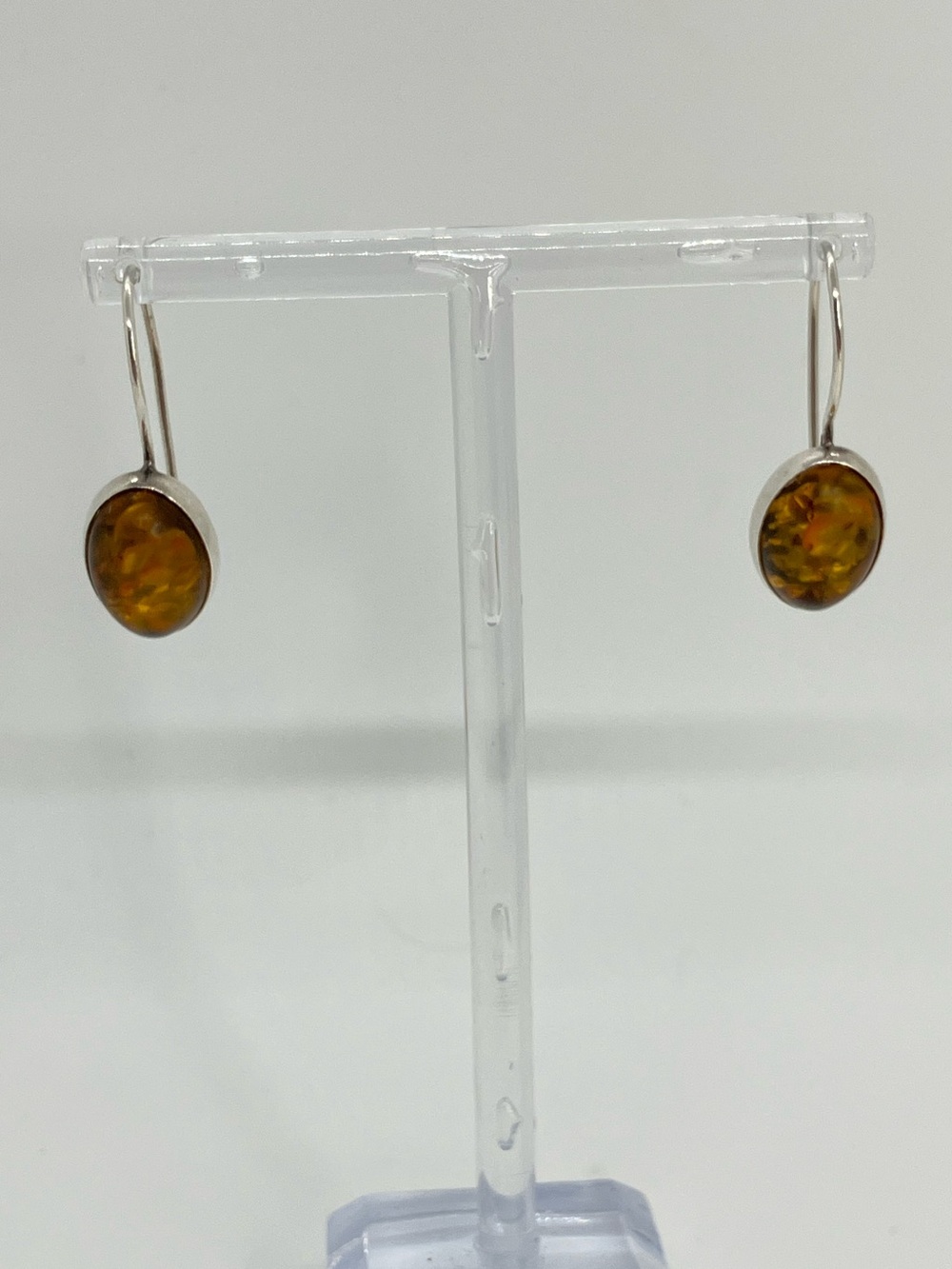 Vtg 925 Amber Oval Cabochon Sterling Silver Dangle Earrings